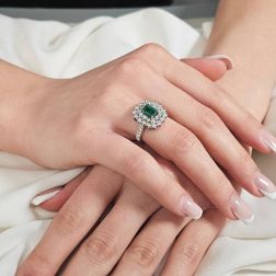 Photo of worn Kate Emerald Octagonal Ring 7x5mm and a Double Round of 38 Diamonds
