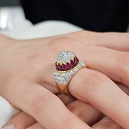 Photo of worn Cupola Ring with Navette Rubies and Pavè Diamonds