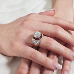 Photo of worn Cupola Ring with Navette Rubies and Pavè Diamonds