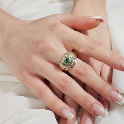 Photo of worn Band ring with Heart-shaped Emerald and Baguette Diamonds