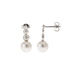 Scaled Circle Pearl and Diamond Earrings in White Gold