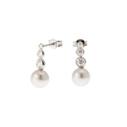 Scaled Circle Pearl and Diamond Earrings in White Gold