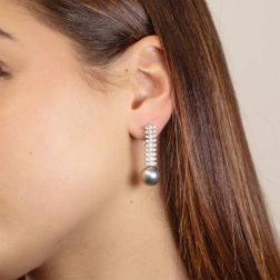 Photo of worn Navette Pendant Earrings with 54 Diamonds and Tahitian Pearls