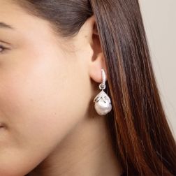 Photo of worn Corolla Hoops with Pavé Diamonds and Baroque Pearls