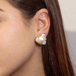 Photo of worn Triangular Earrings with Mabè Pearl and Diamonds in White and Yellow Gold