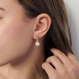 Photo of worn Drop Earrings in Yellow Gold with Akoya Pearls and Diamonds