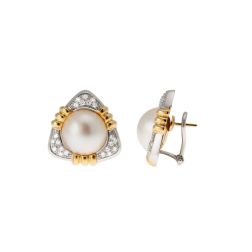 Triangular Earrings with Mabè Pearl and Diamonds in White and Yellow Gold