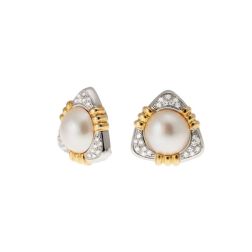 Triangular Earrings with Mabè Pearl and Diamonds in White and Yellow Gold