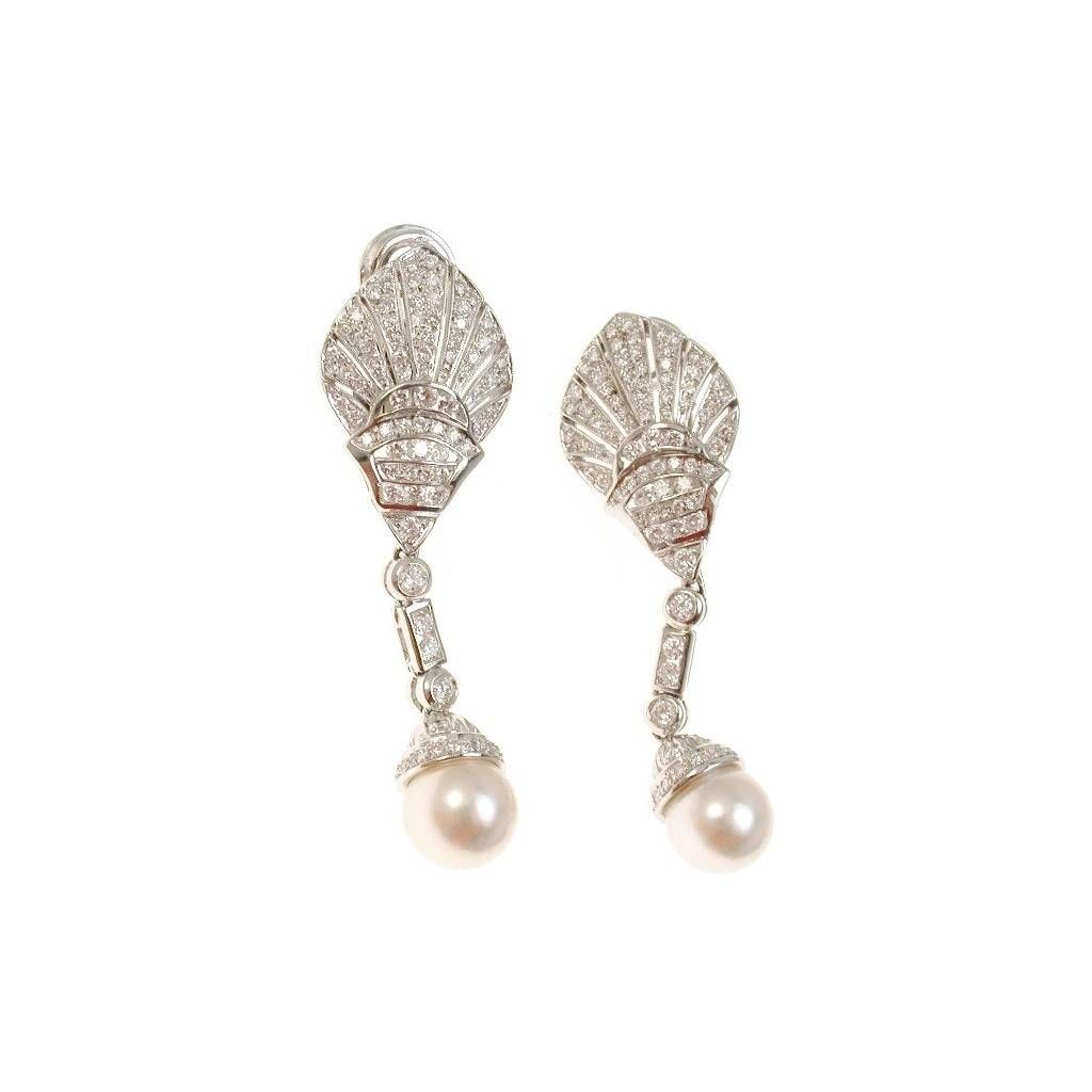 Art Deco Pendant Earrings 186 Diamonds and Akoya Pearls
