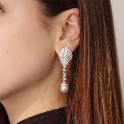 Photo of worn Art Deco Pendant Earrings 186 Diamonds and Akoya Pearls