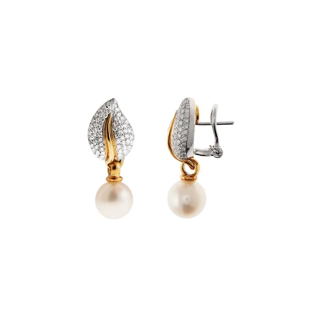 Leaf Earrings with Pavé Diamonds and Akoya Pearls