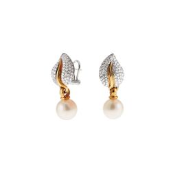 Leaf Earrings with Pavé Diamonds and Akoya Pearls