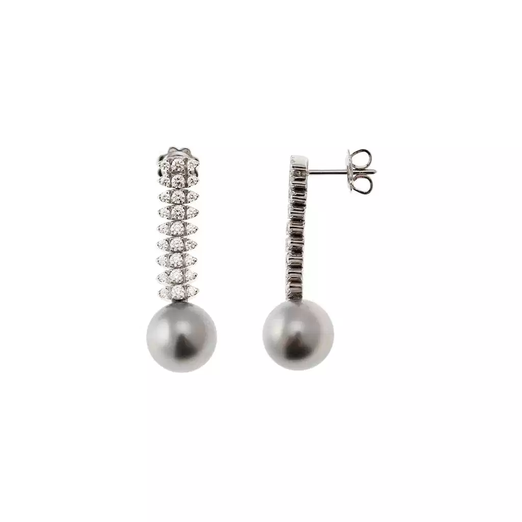 Navette Pendant Earrings with 54 Diamonds and Tahitian Pearls