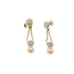 Chain earrings with Akoya Pearls and Diamonds in White and Yellow Gold