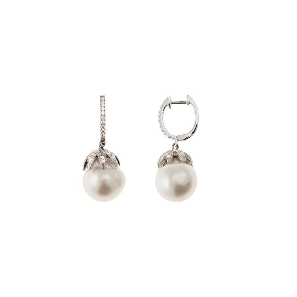 Hoops Leaf Earrings with Baroque Australian Pearls and Diamonds in White Gold