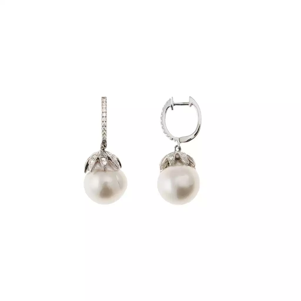 Orecchini Boccole a Foglie con Perle e Diamanti in Oro Bianco