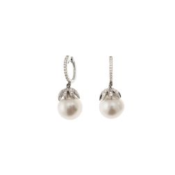 Hoops Leaf Earrings with Baroque Australian Pearls and Diamonds in White Gold