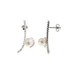 Curved Pendant Earrings with Akoya Pearls and 50 Diamonds