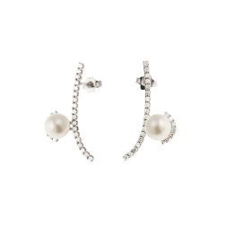 Curved Pendant Earrings with Akoya Pearls and 50 Diamonds