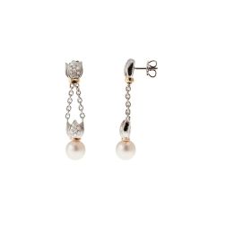 Chain earrings with Akoya Pearls and Diamonds in White and Yellow Gold