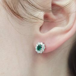 Photo of worn 5x4mm Emerald with 20 Diamonds Kate earrings