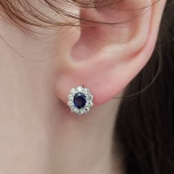 Photo of worn 5x4mm Blue Sapphire with 20 Diamonds Kate earrings