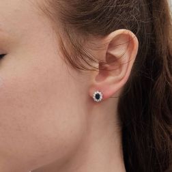 Photo of worn 5x4mm Blue Sapphire with 20 Diamonds Kate earrings