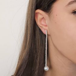 Photo of worn Pendant Tennis Earrings with 58 Diamonds and Australian Pearls