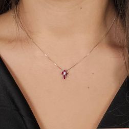 photo of worn Necklace with Cross 5 Rubies and 1 Diamond - Width 6.7mm
