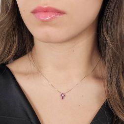 photo of worn Necklace with Cross 5 Rubies and 1 Diamond - Width 6.7mm