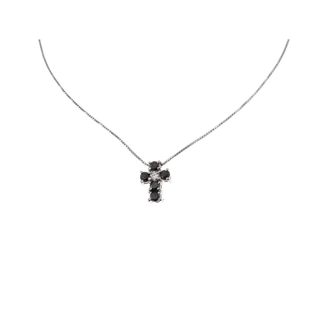 Necklace with Cross 5 Black Diamonds and 1 Diamond - Width 6.7mm