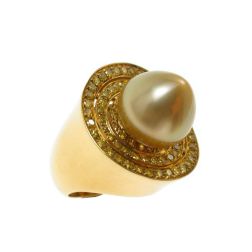 Ring with Gold pearl drop and Yellow Diamonds in a circle