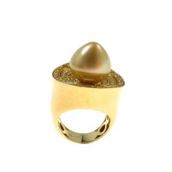 Ring with Gold pearl drop and Yellow Diamonds in a circle