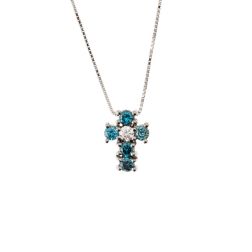 Necklace with Cross 5 Blue Diamonds and 1 Diamond - Width 6.7mm