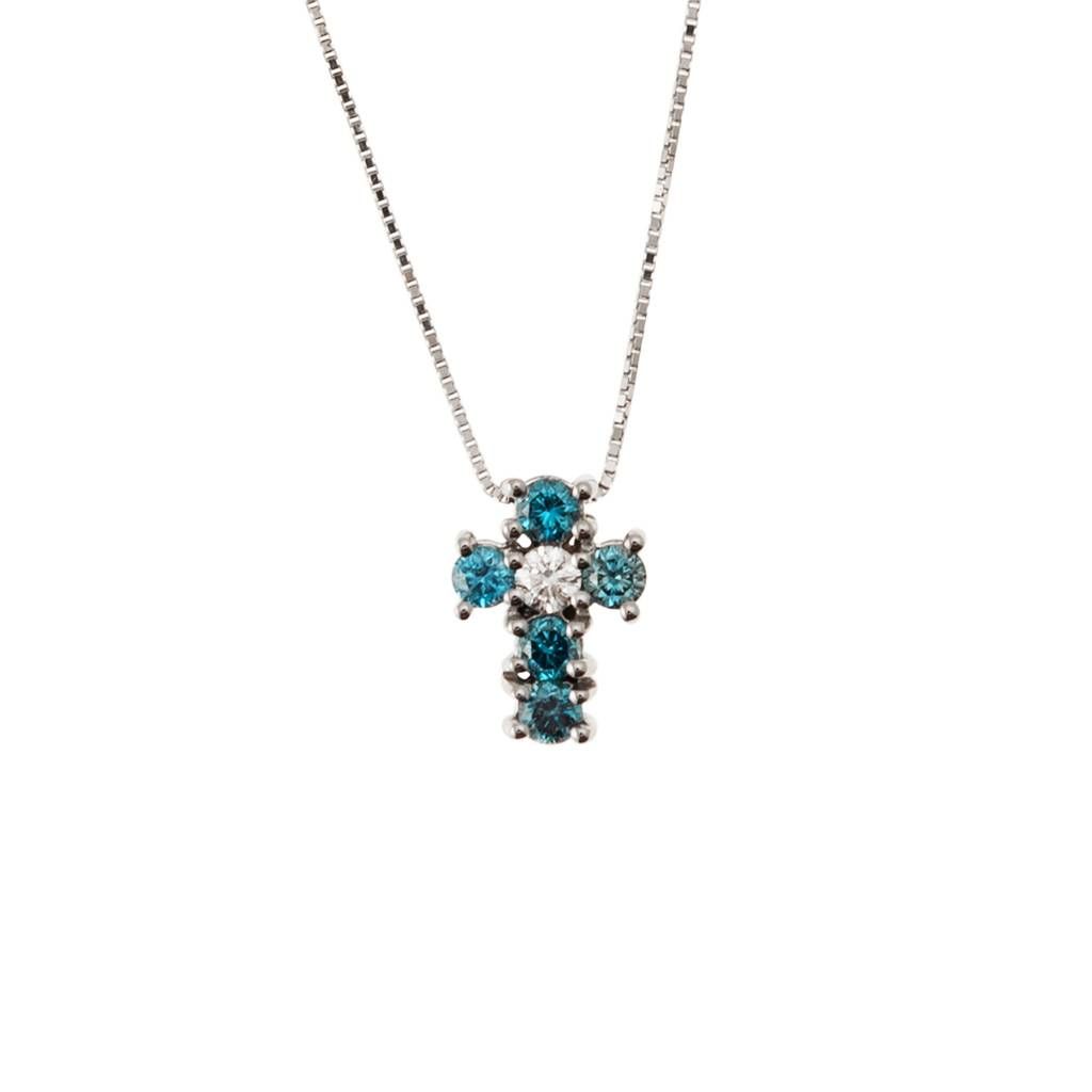 Necklace with Cross 5 Blue Diamonds and 1 Diamond - Width 6.7mm