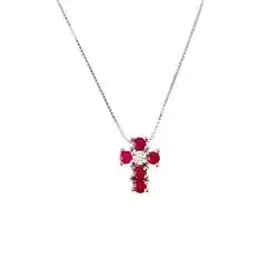 Collana con Croce 5 Rubini e 1 Diamante - Larghezza 6.7mm