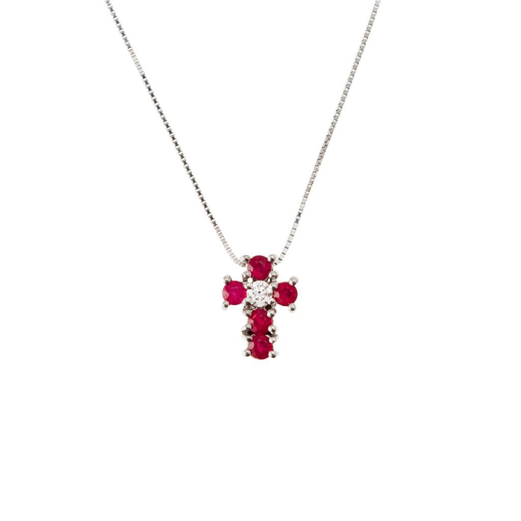 Necklace with Cross 5 Rubies and 1 Diamond - Width 6.7mm