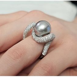 Photo of worn Wave Design Ring with Tahitian Pearl and Pavé Diamonds