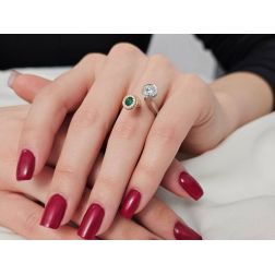 Photo of worn Emerald and Diamonds Steli Ring in Rose and White Gold