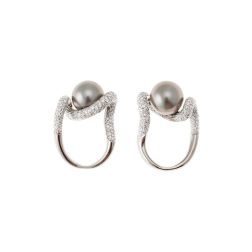 Wave Design Ring with Tahitian Pearl and Pavé Diamonds - Italian Size 12