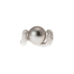 Wave Design Ring with Tahitian Pearl and Pavé Diamonds - Italian Size 12