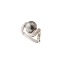 Wave Design Ring with Tahitian Pearl and Pavé Diamonds - Italian Size 12