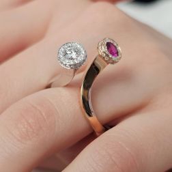 Photo of worn Diamond and Ruby Steli Ring in Rose and White Gold
