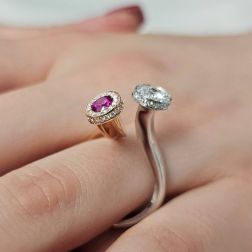 Photo of worn Diamond and Ruby Steli Ring in Rose and White Gold