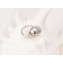 Photo of worn Wave Design Ring with Tahitian Pearl and Pavé Diamonds