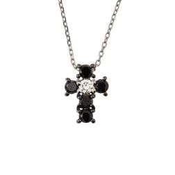 Collana con Croce di Diamanti Neri e 1 Bianco - Larghezza 8.3mm