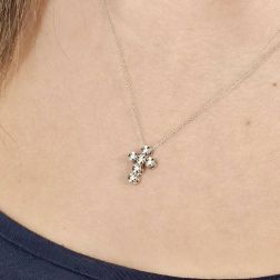 Photo of worn Cross Necklace with 6 Faceted Circle Diamonds