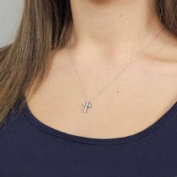 Photo of worn Cross Necklace with 6 Faceted Circle Diamonds