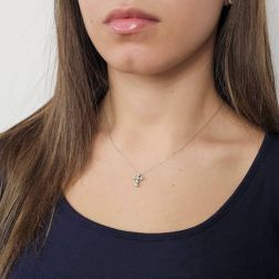 Photo of worn Cross Necklace with 6 Faceted Circle Diamonds