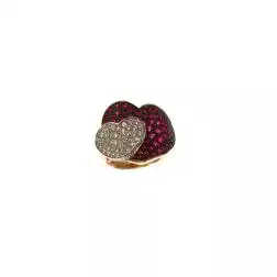 Anello Pavè Doppio Cuore con Rubini e Diamanti in Oro Rosa e Bianco 18kt